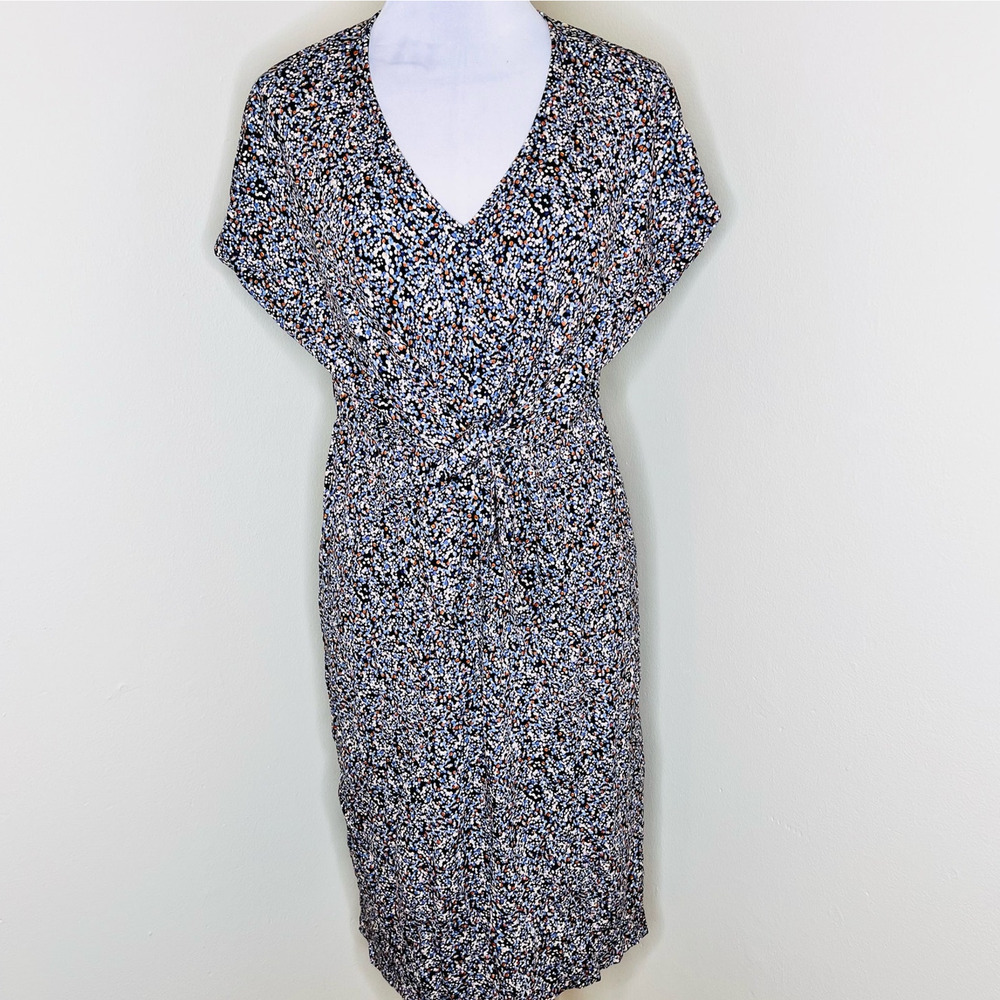 Ann Taylor Midi Dress Small Womens V-Neck Dolman Sleeve Jersey Tie Front Dotted